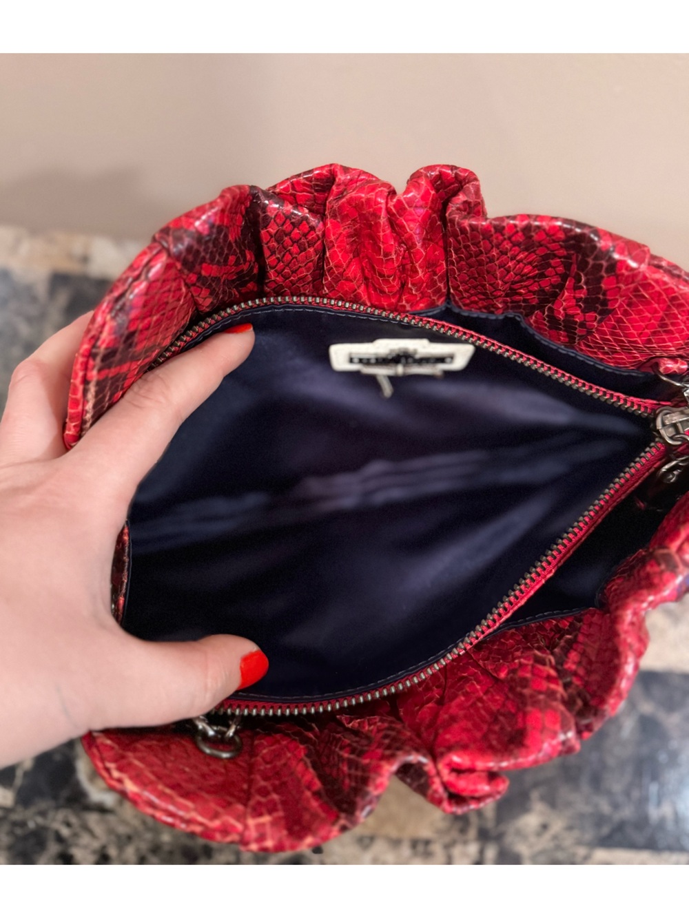 Henri Bendel Red Snakeskin Print Shoulder Bag/Clutch - Gunmetal Hardware - Picture 12 of 15